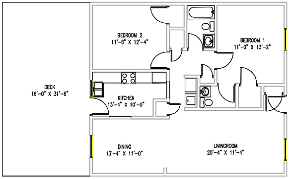 Floor plan for 2 beds, 1.5 baths, 1155 sqft